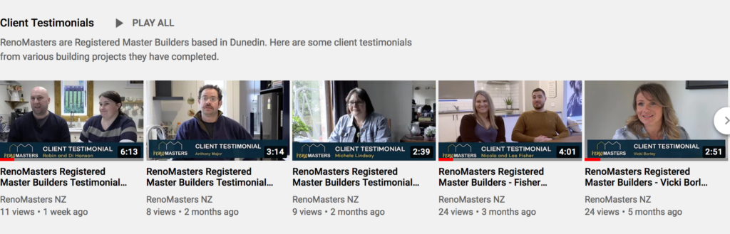 RenoMasters Registered Master Builders Testimonial videos YouTube playlist - Client of Cre8ive Marketing in Dunedin.