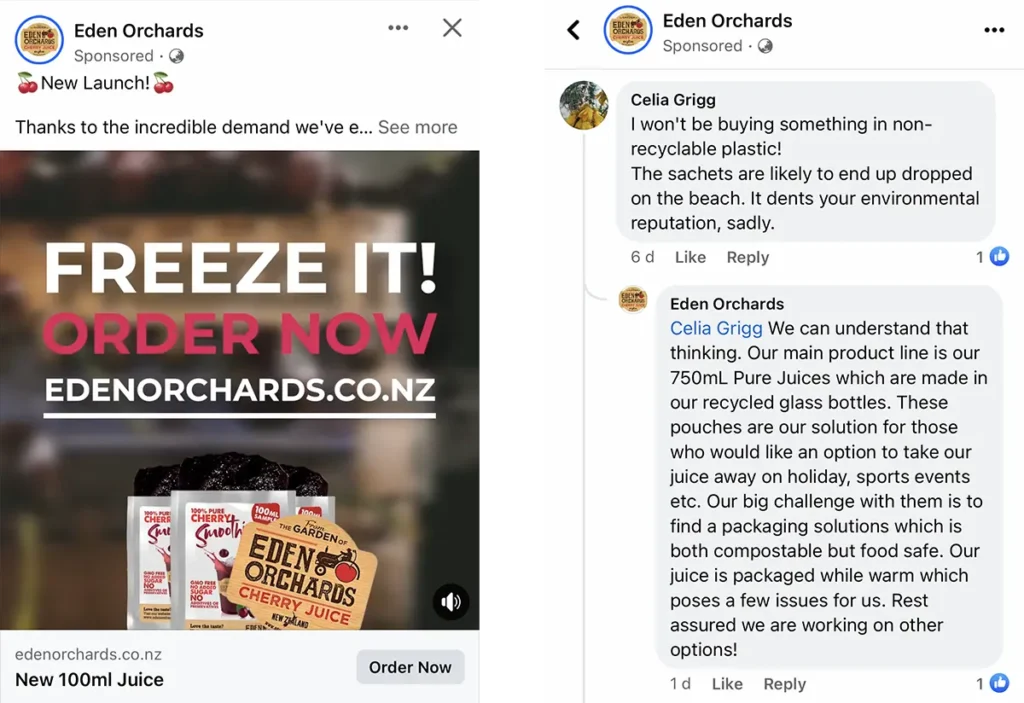 Eden Orchard new product negative feedback handled appropriately. How to handle negative reviews example from eden orchards.