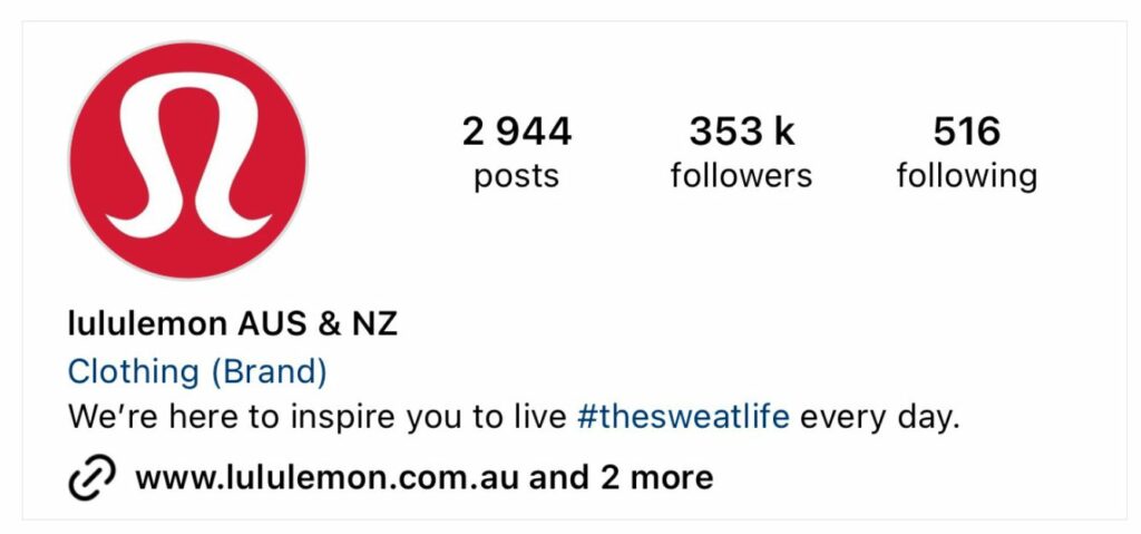 Lululemon's Instagram Bio example for Unlocking Instagram's Algorithm