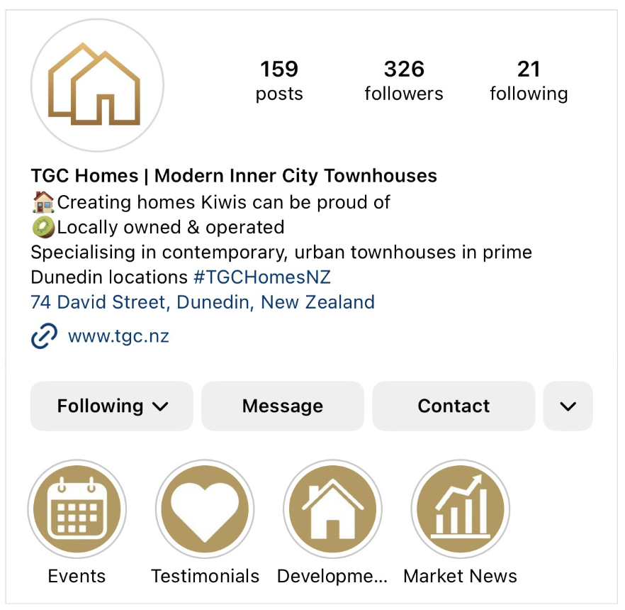TGC Homes' Instagram bio example for story highlights on Unlocking Instagram's Algorithm blog