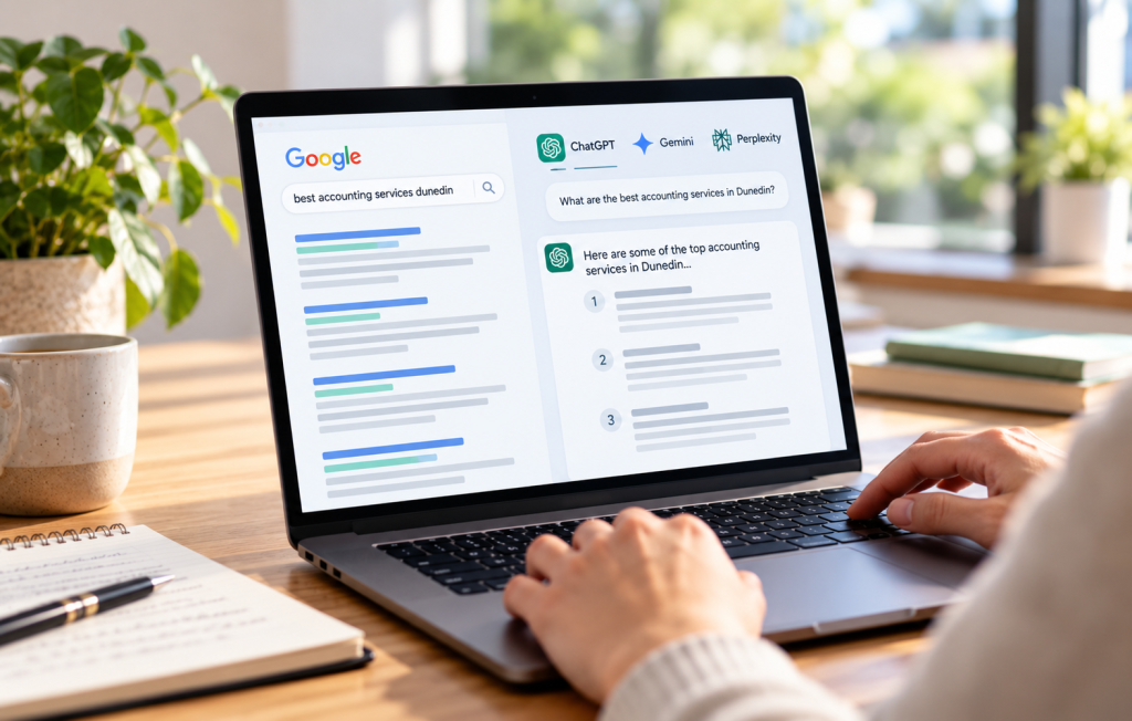 Person using laptop and AI to find best accounting services in Dunedin
